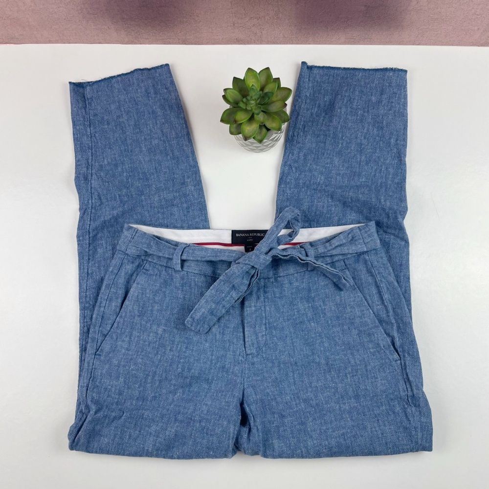 Banana Republic Blue Linen Cotton Blend Belted Pants Women Size 4 Petite Avery